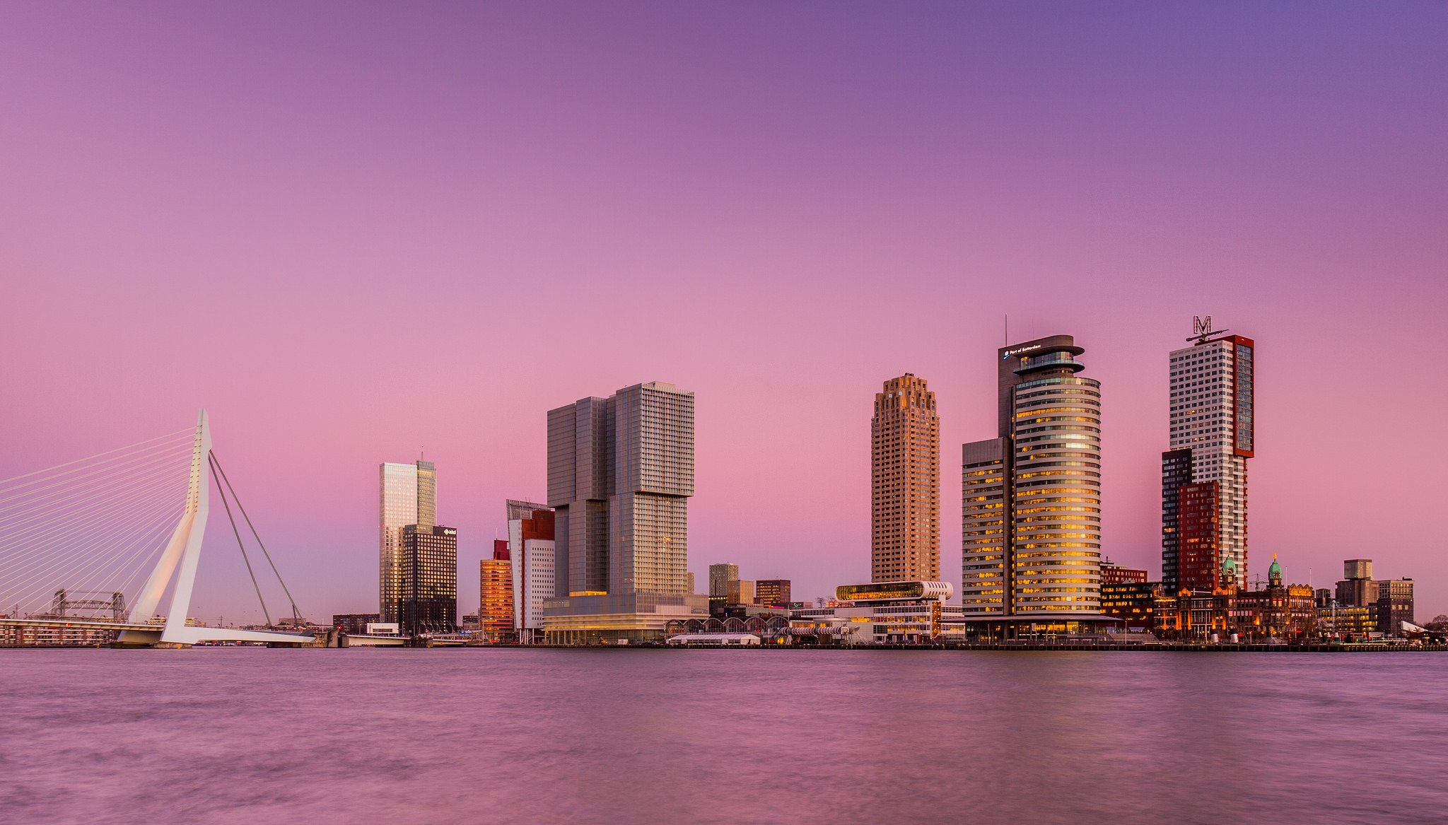 pays-bas rotterdam ville gratte-ciel pont rivière rose ciel