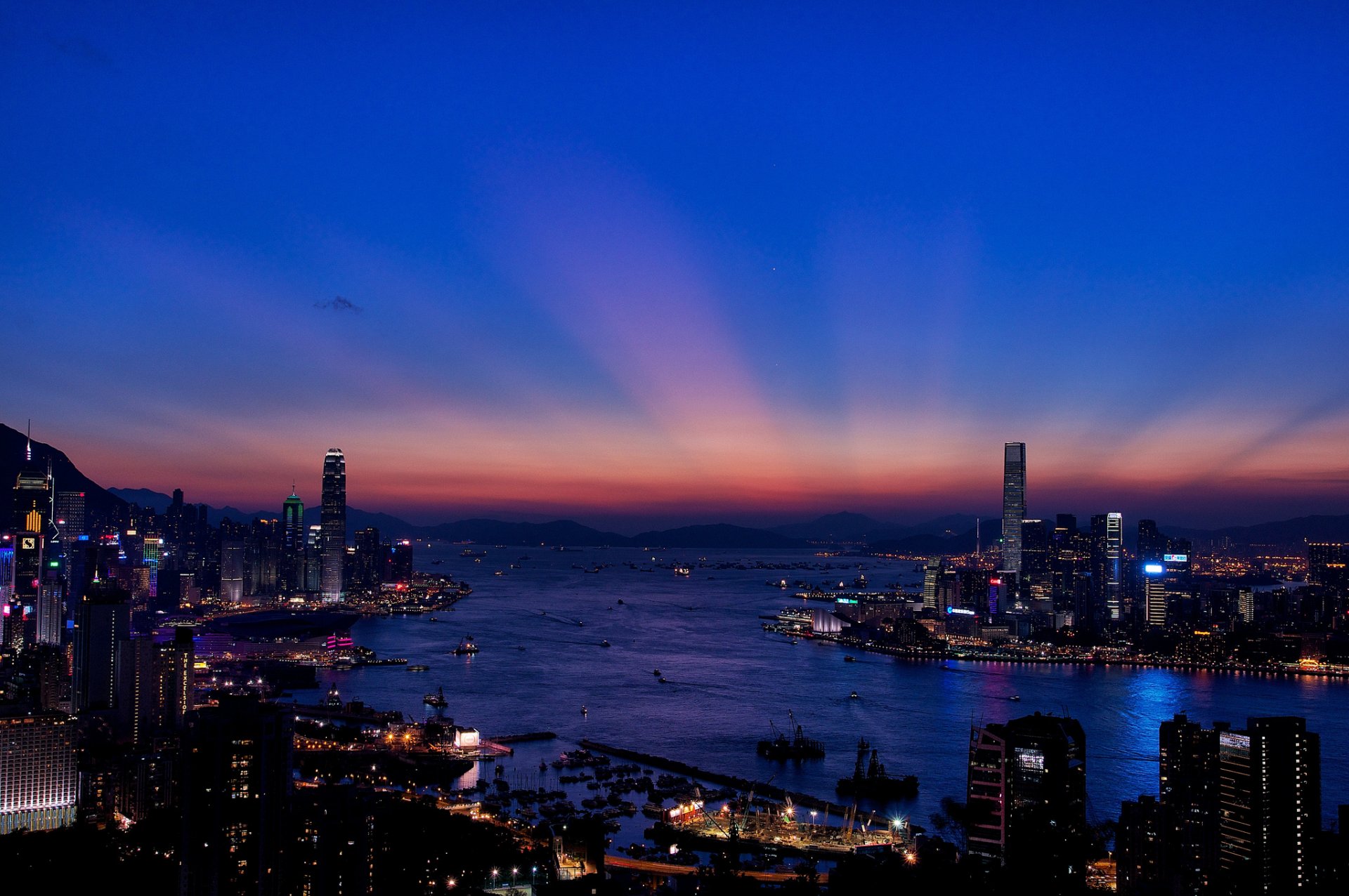 hong kong noche noche bahía luces rascacielos edificios ciudad panorama