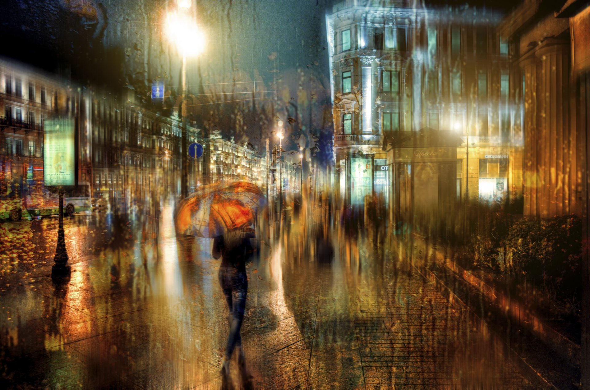 t. petersburg night rain drops girl umbrella