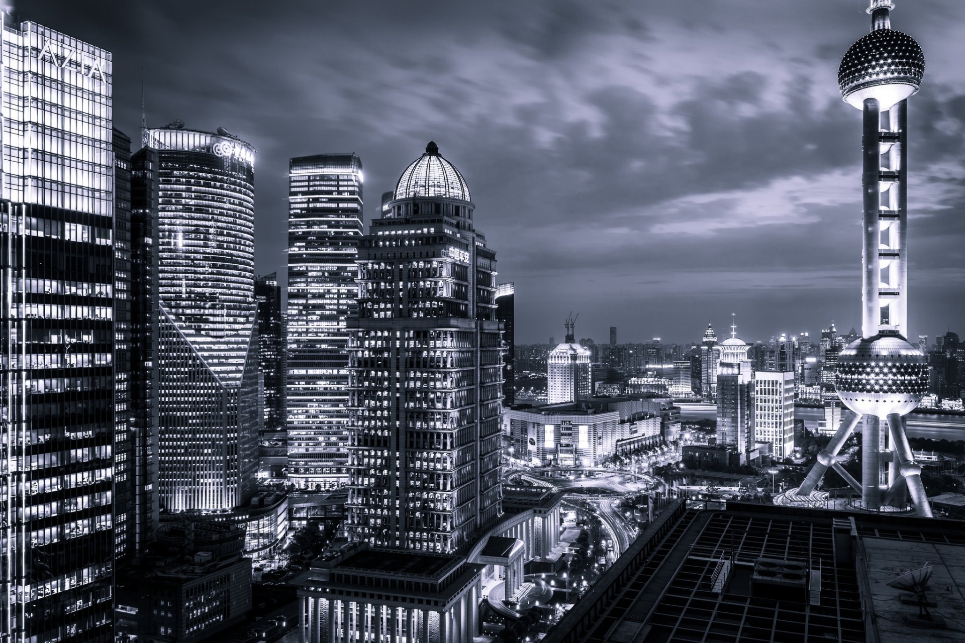 shanghai chine asie bâtiments gratte-ciel lumières ville nuit bw