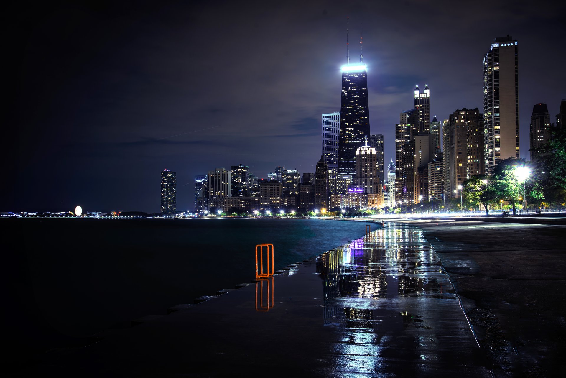 chicago illinois usa united states of america city night skyscrapers buildings high-rise houses lights road puddles river