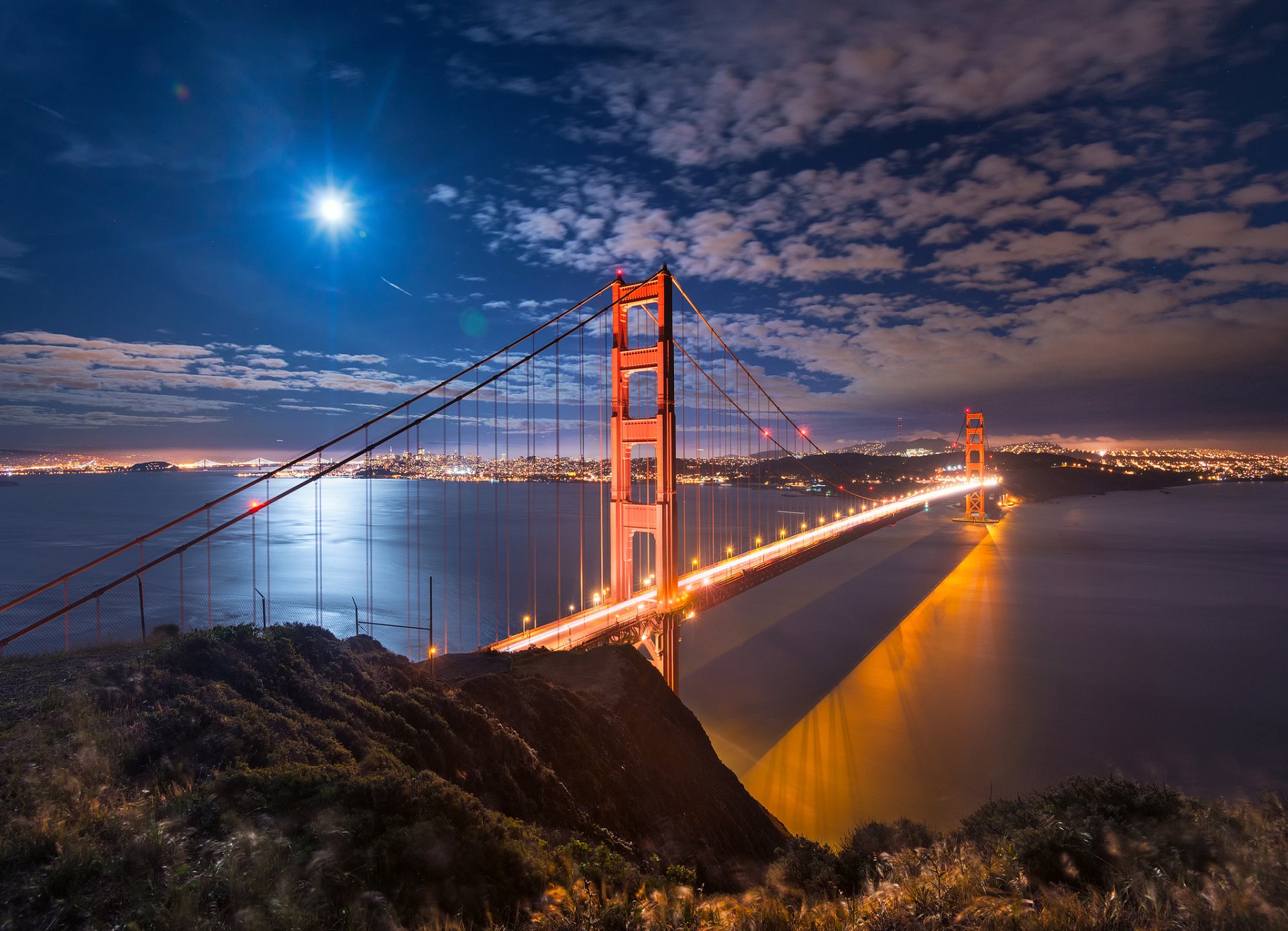 united states california town san francisco gulf strait golden gate bridge night lights sky moon light
