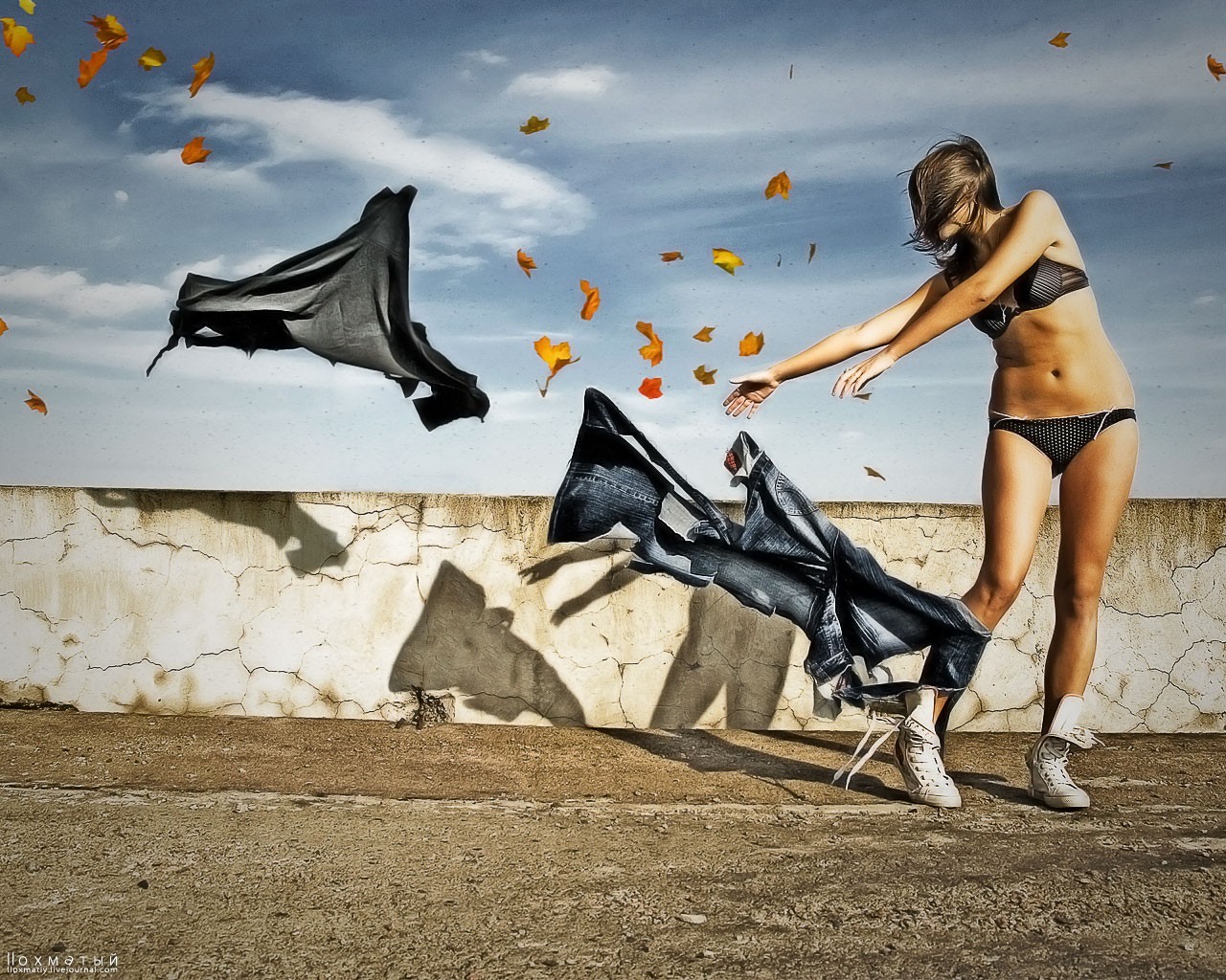 wind leaves girl autumn