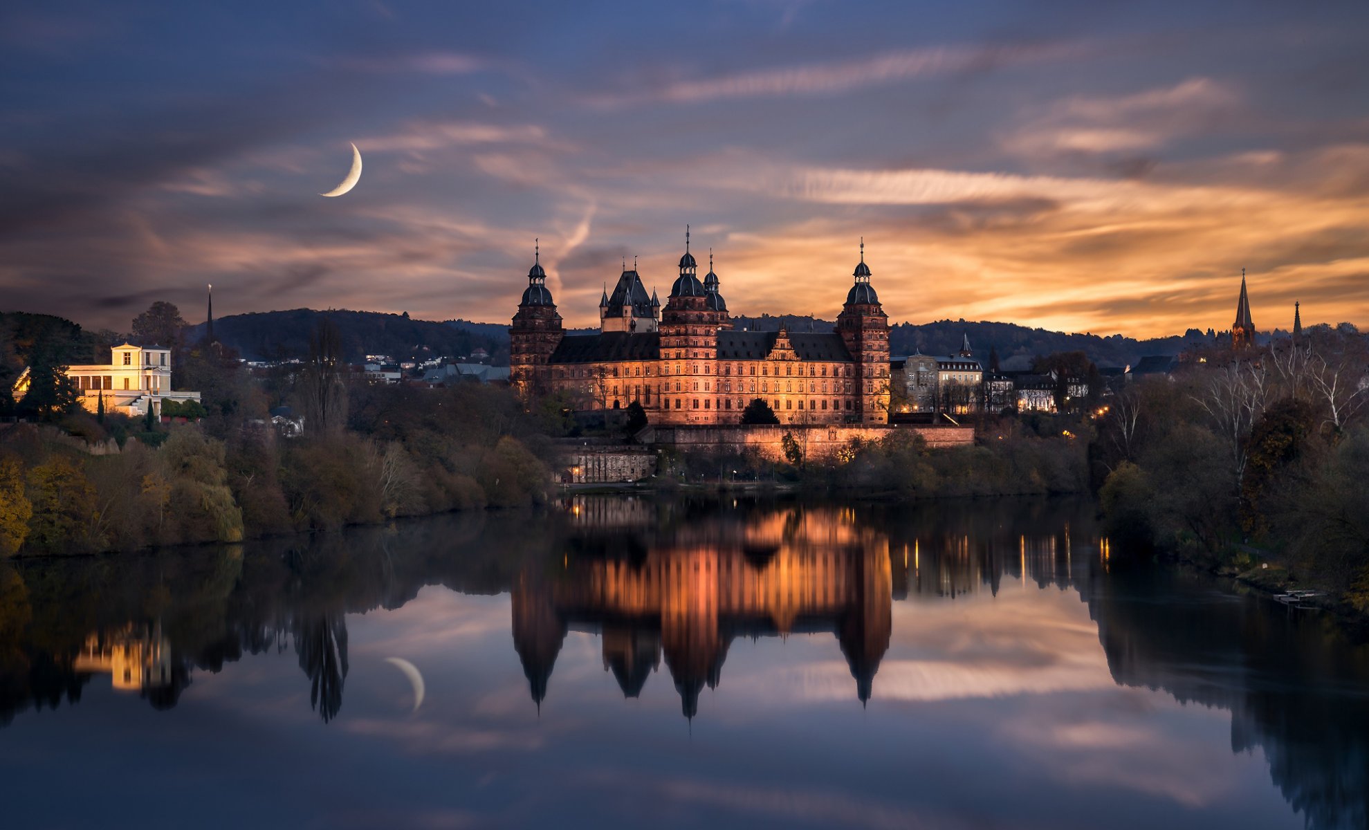 alemania ciudad aschaffenburg renacimiento castillo yogannesburg noche luna agua reflexiones