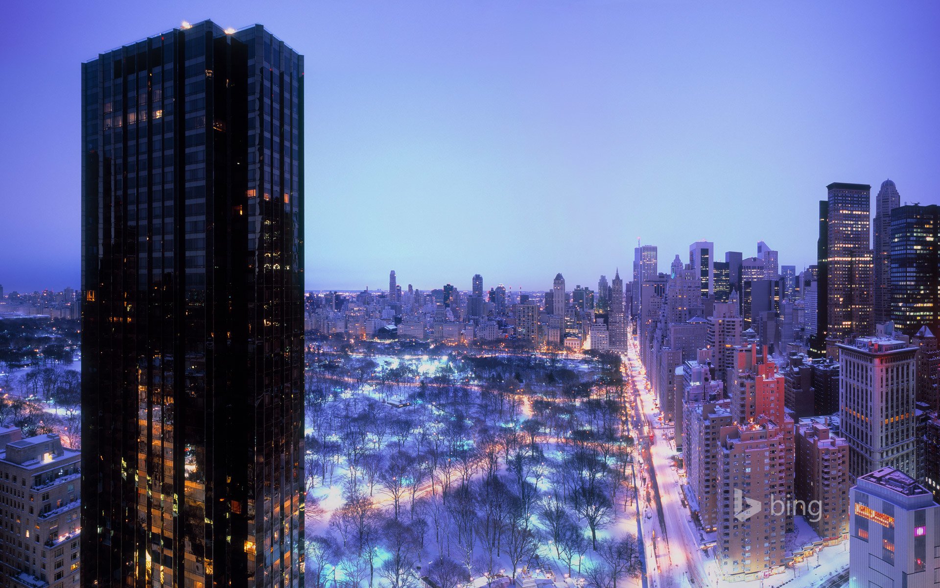 new york états-unis central park ciel maison hiver soirée lumières