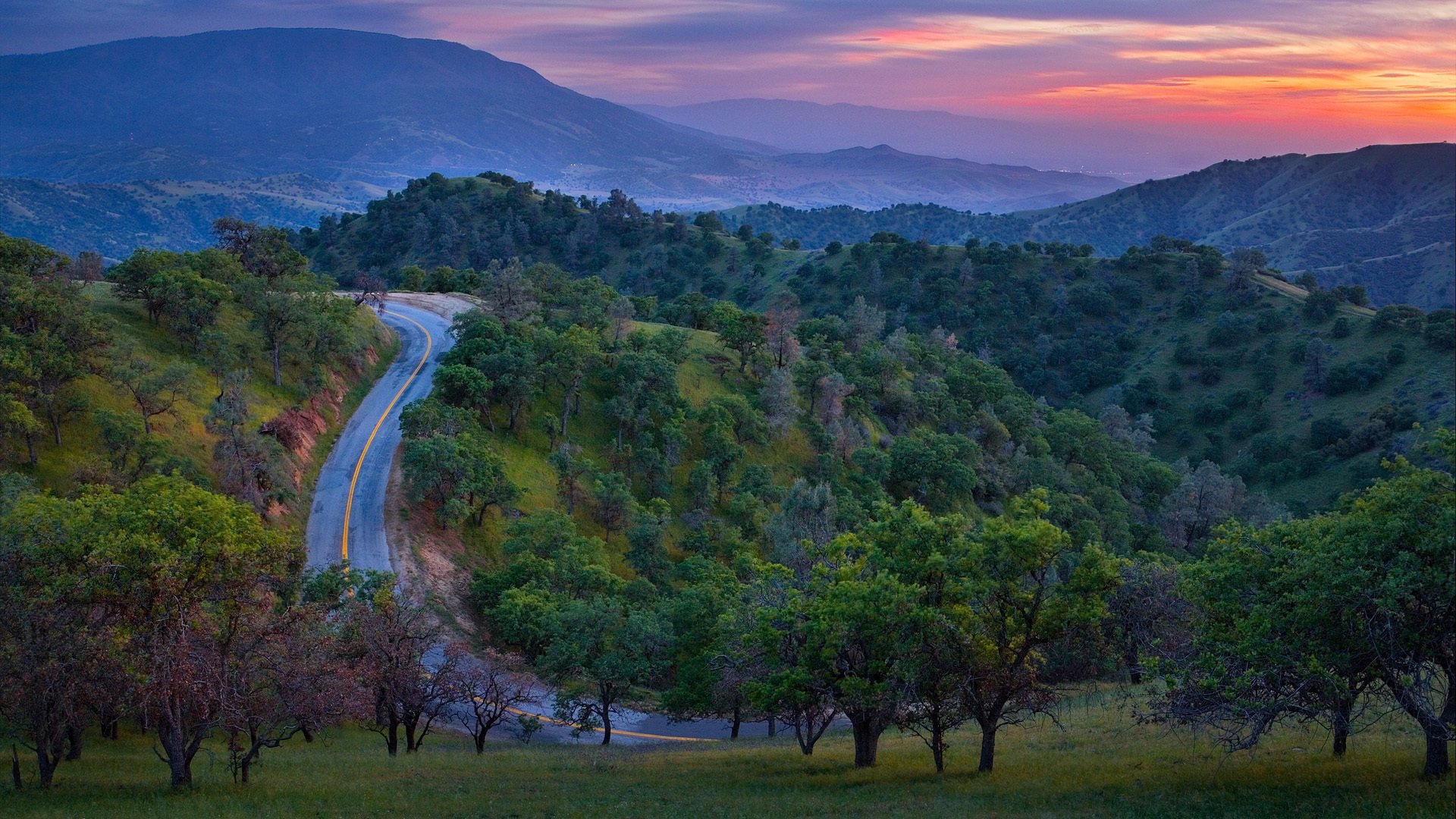 road mountains sunset trees forest
