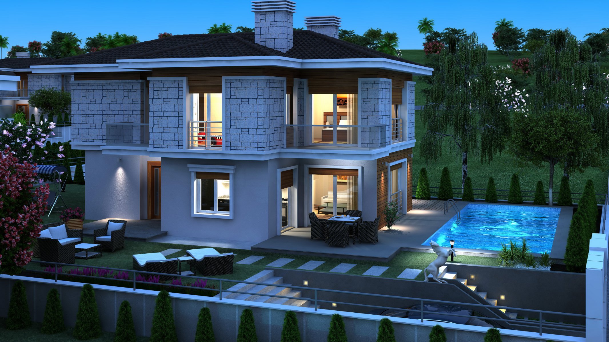 house design pool night mansion 3d graphics photo