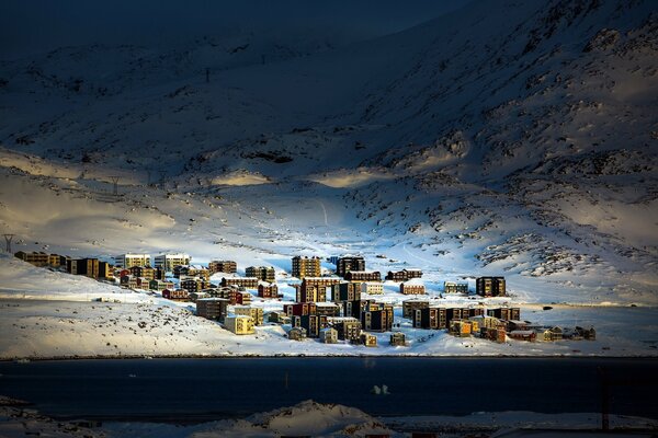Arctic city in Greenland in winter