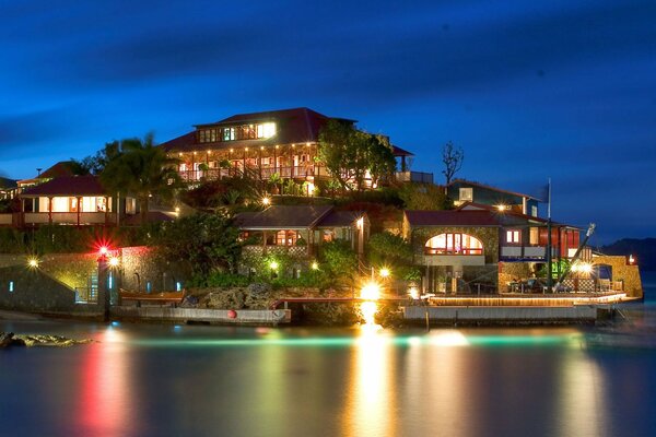 In riva al mare, una città notturna luminosa