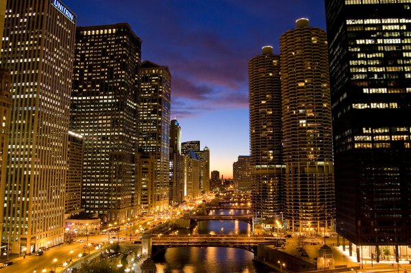 America at night. US Skyscrapers in night lights