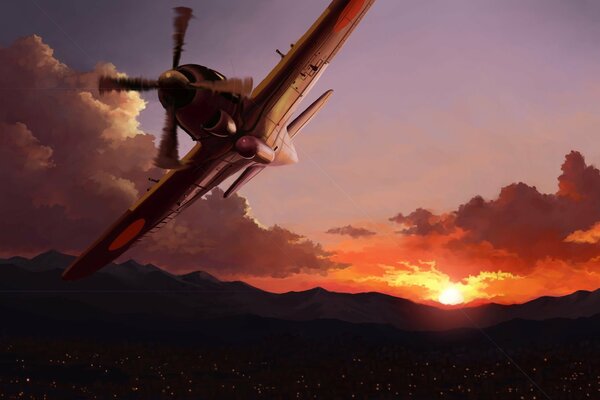 Avion de ville coucher de soleil dans le ciel