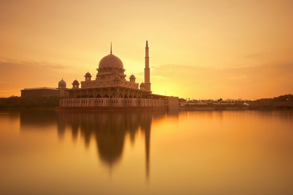 Temple on the water at dawn