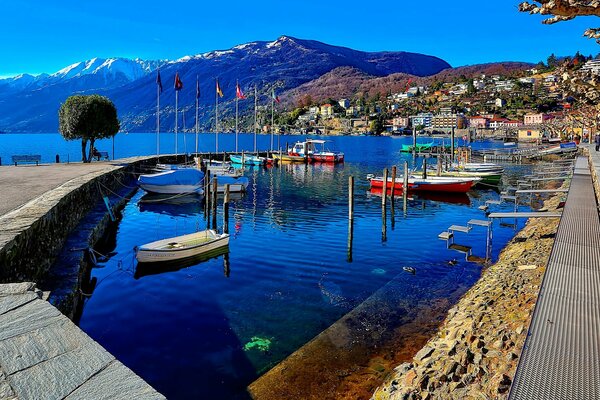 Widok na szwajcarskie góry i miasto Ascona, jezioro z jachtami
