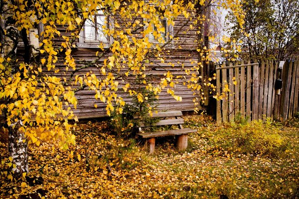 Altes Haus auf dem Hintergrund des goldenen Herbstes