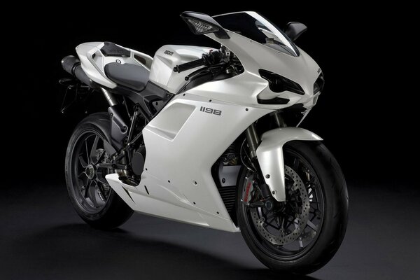 White Ducati motorcycle with unusual futuristic contours