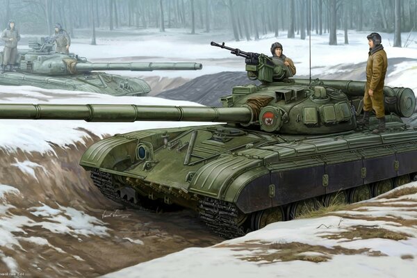 Soviet T-64 battle tank and two soldiers