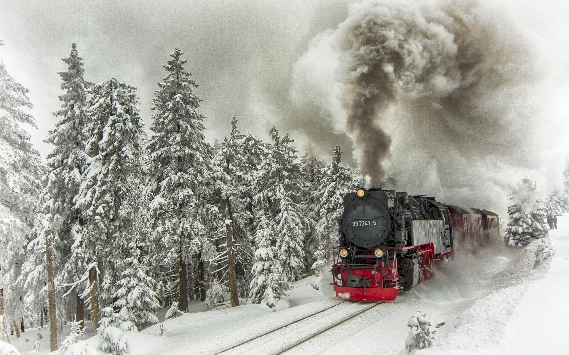 composition locomotive baby tree snow rails train winter