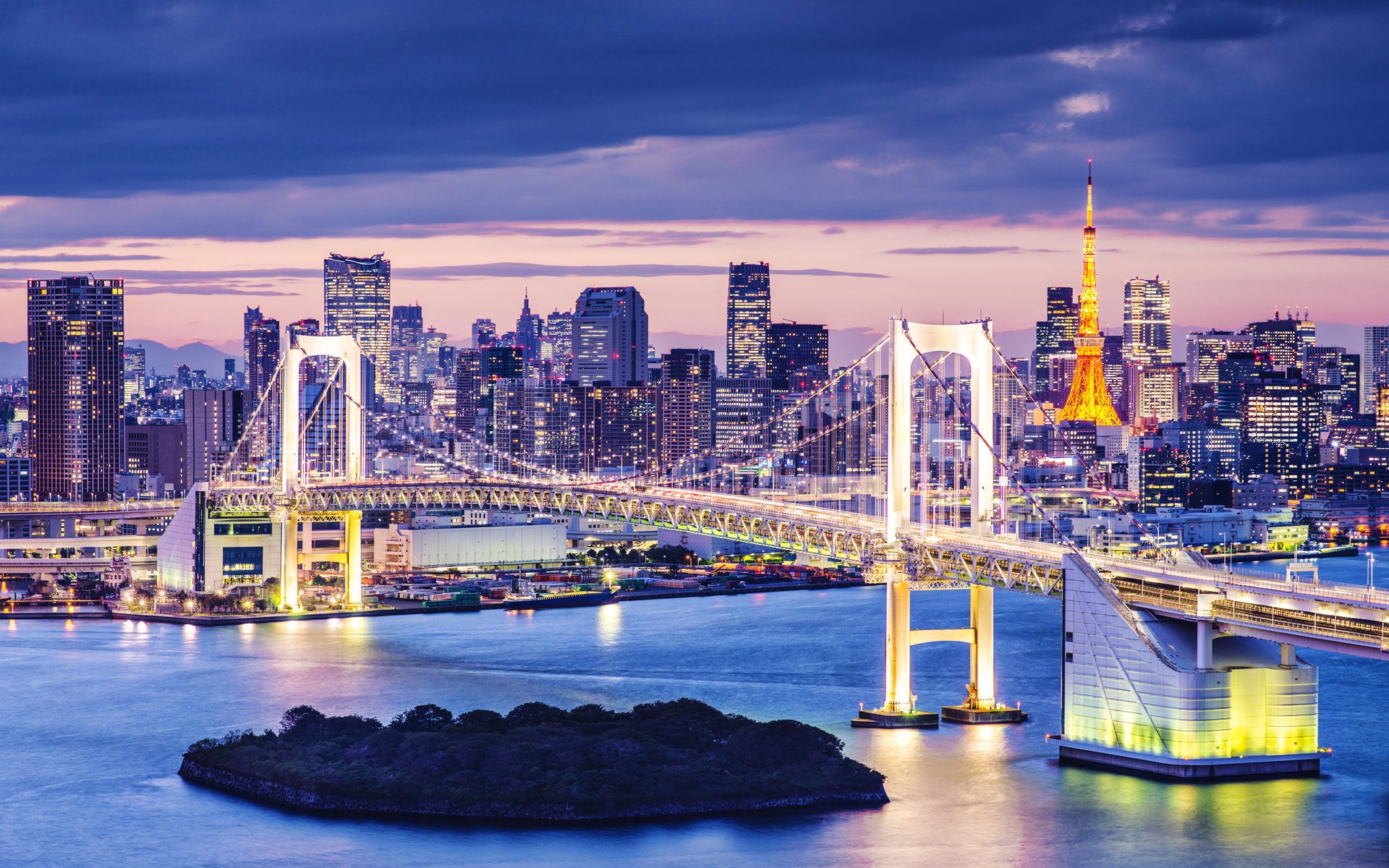 baie de tokyo japon pont urbain nuit lumières port tokyo ville de nuit lumières