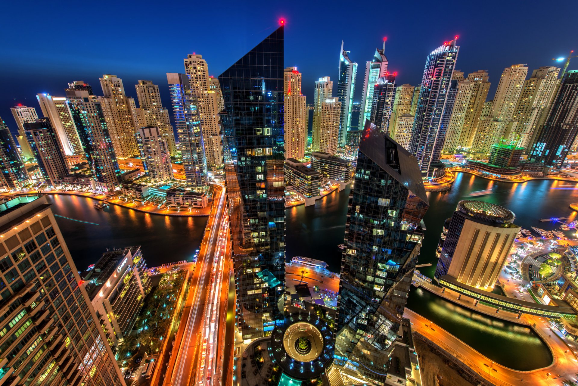 dubai marina uae united arab emirates city evening night buildings high-rise skyscrapers houses roads bay marina lighting lights illumination