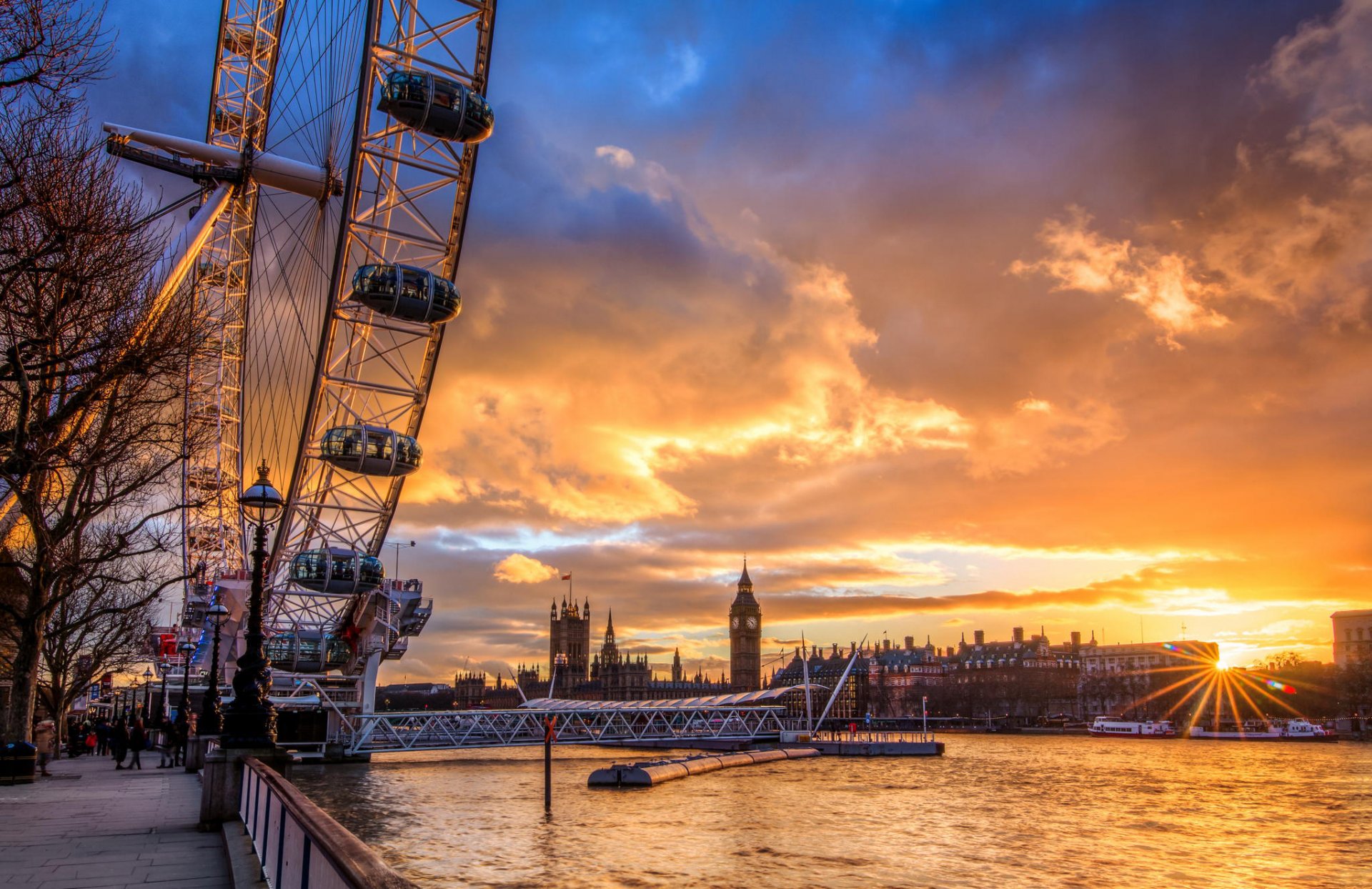 londyn miasto zachód słońca london eye anglia london eye diabelski młyn słońce rzeka chmury