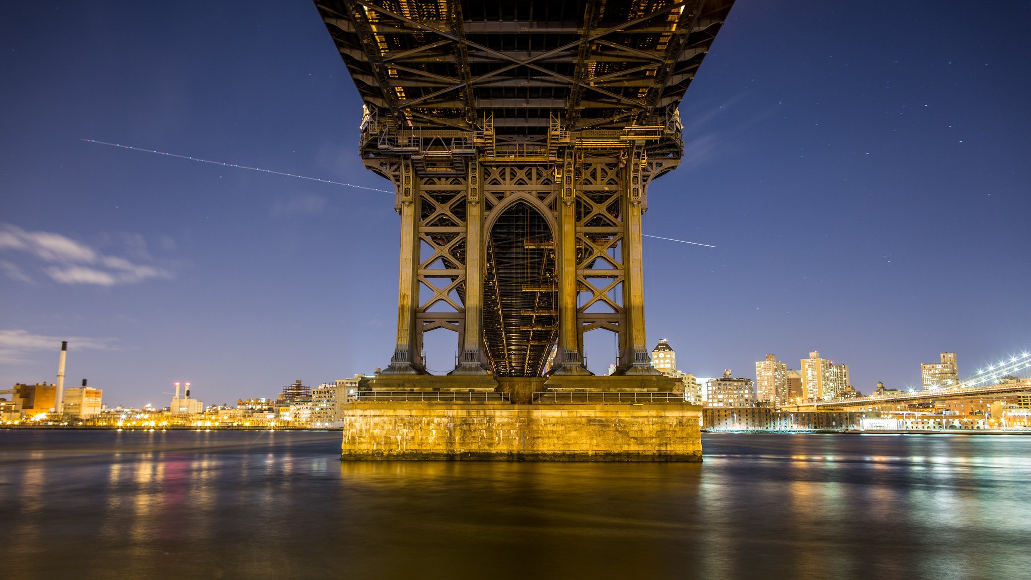 new york night twilight lights bridge support