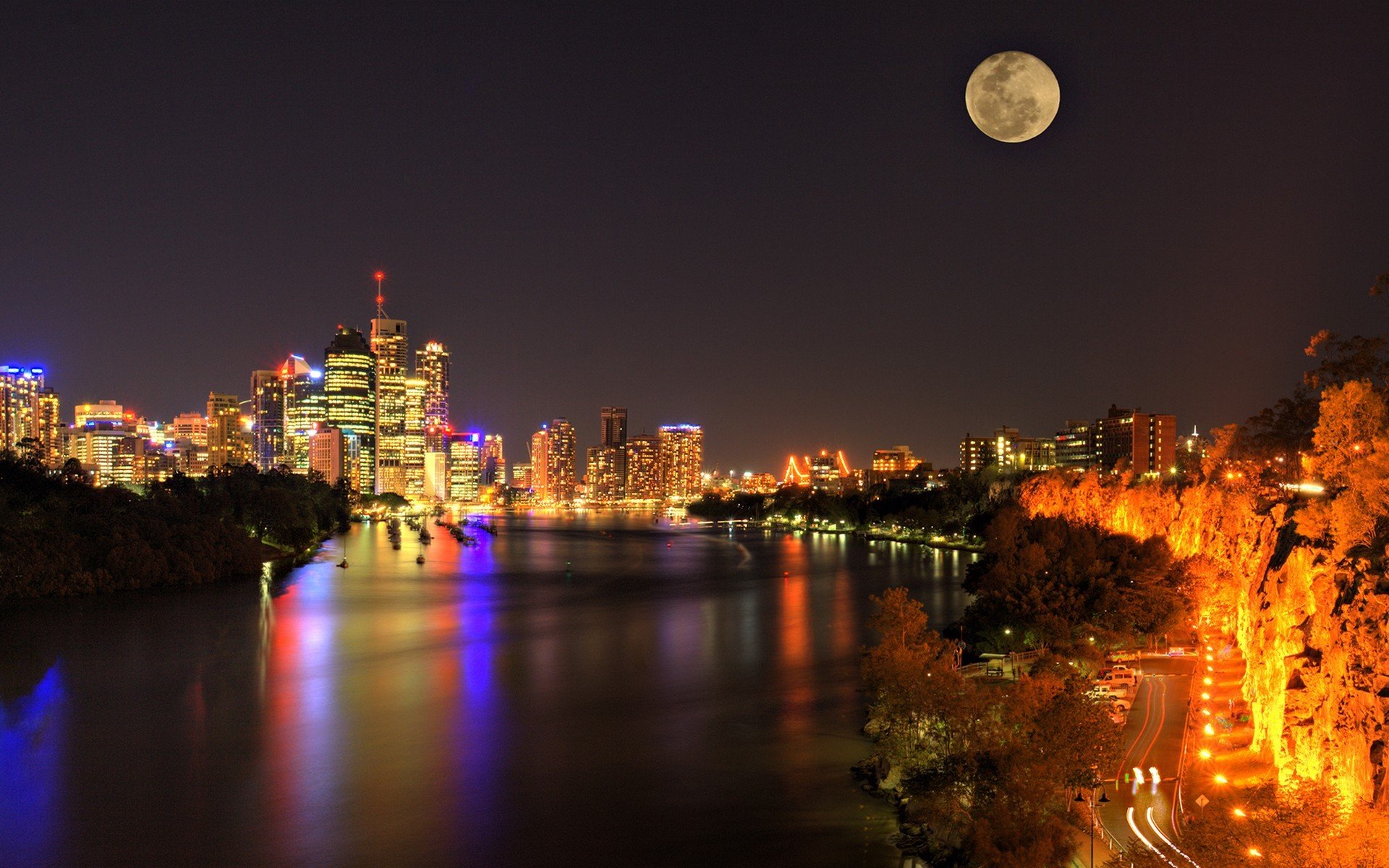 luna rascacielos australia brisbane estrecho carretera luces noche panorama