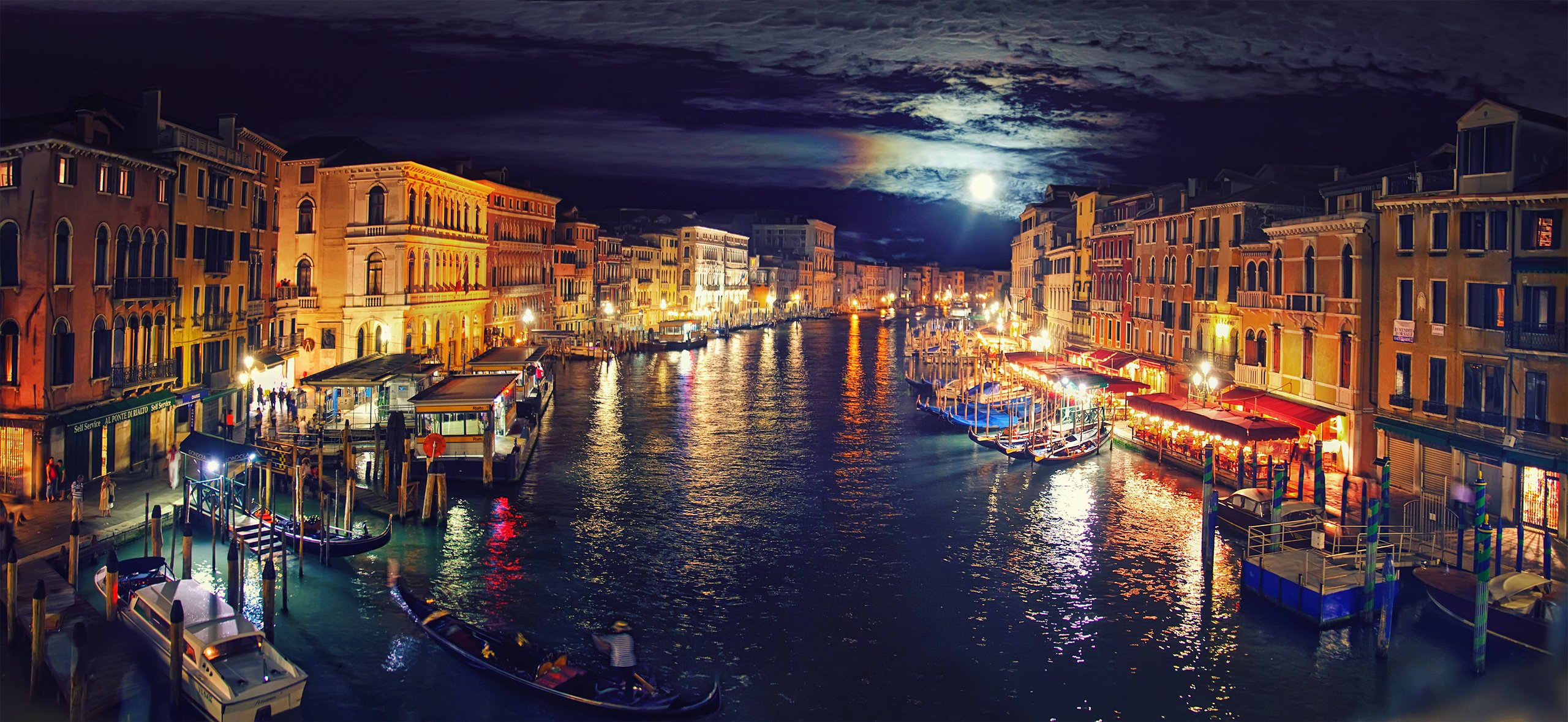 italy venice grand canal channel night lights sky clouds moon boat gondola