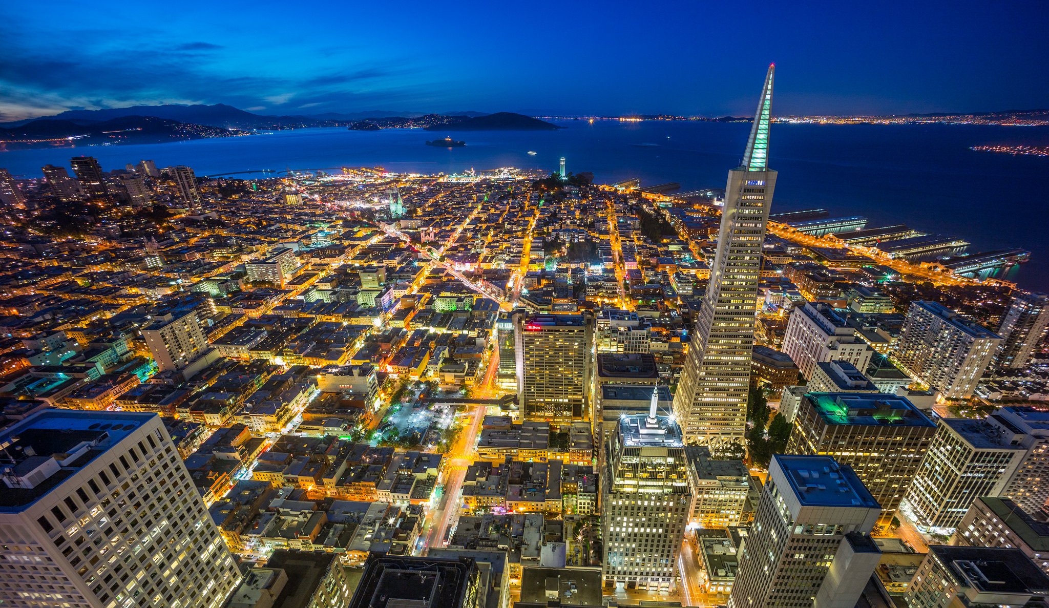 an francisco california usa night city lights lighting bay blue sky skyscrapers buildings houses business center