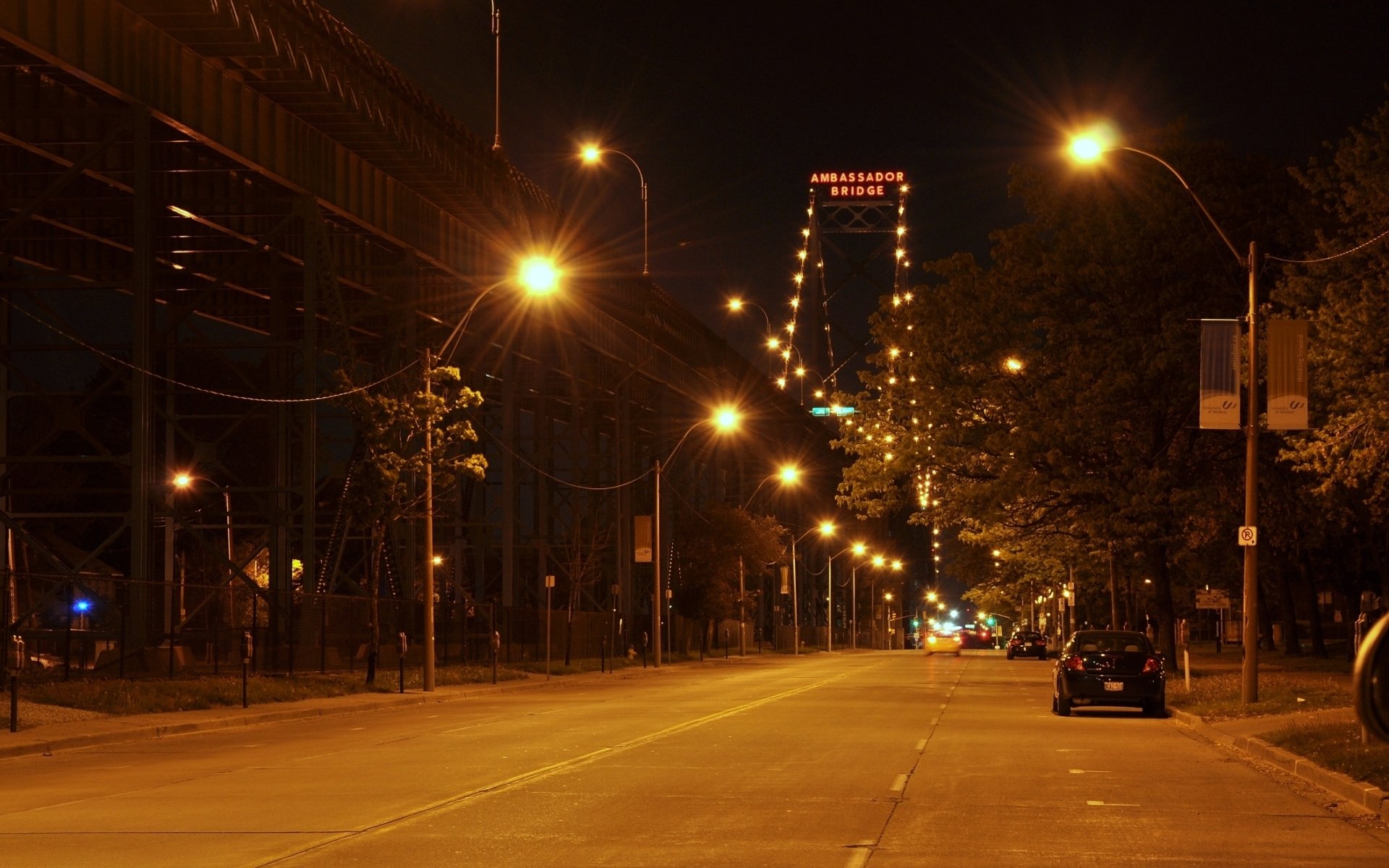 nacht abend stadt straße autos beleuchtung laternen lichter ambassador bridge botschafterbrücke