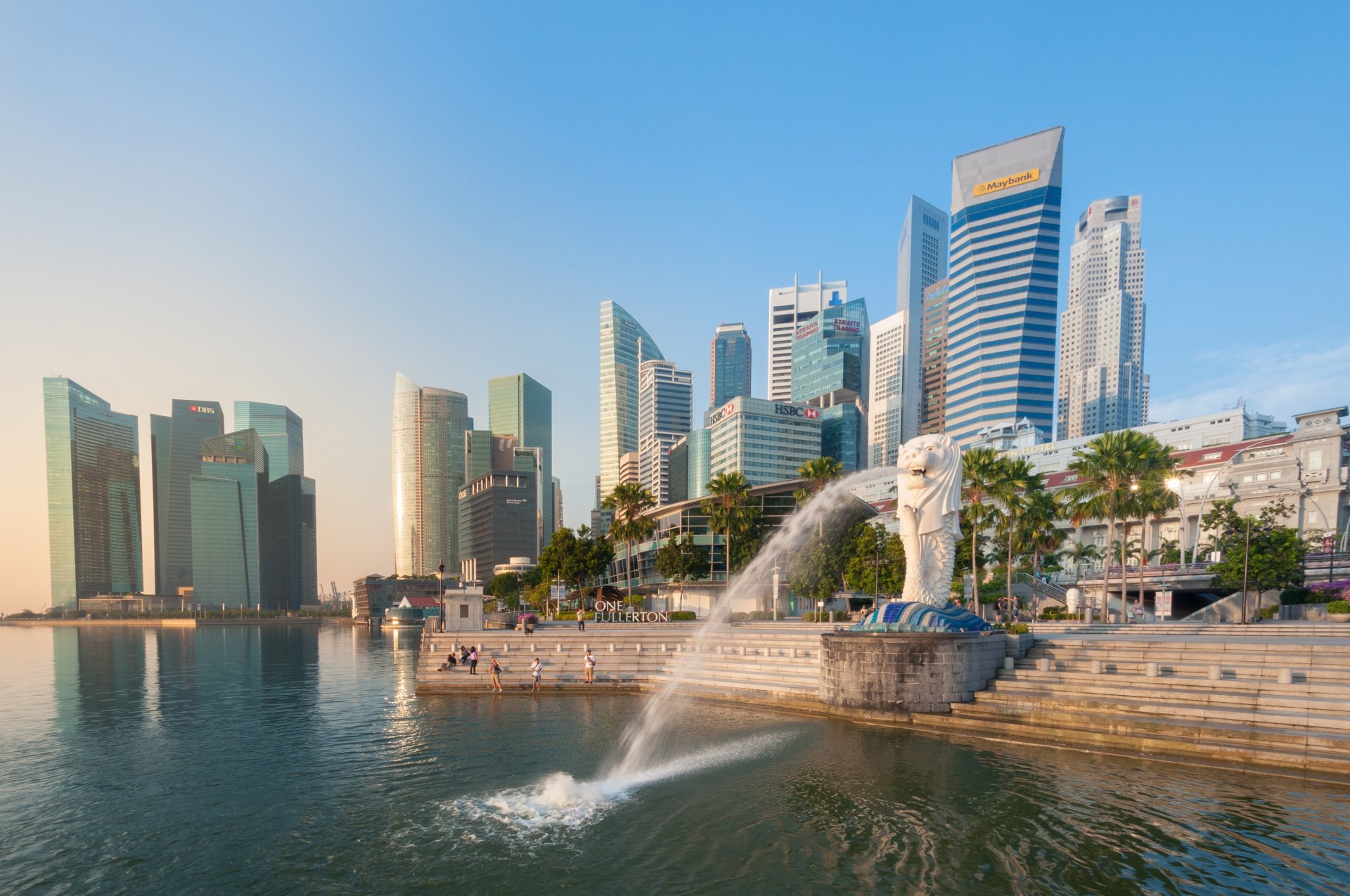 merlion fontaine marina bay singapour fontaine baie promenade escalier bâtiments