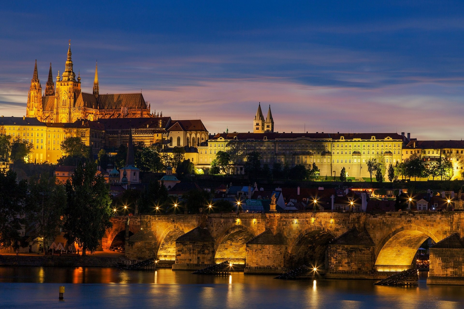 prague czech republic česká republika hradčany hradcany prague castle karlów most charles bridge city evening sunset lights lighting architecture river vltava