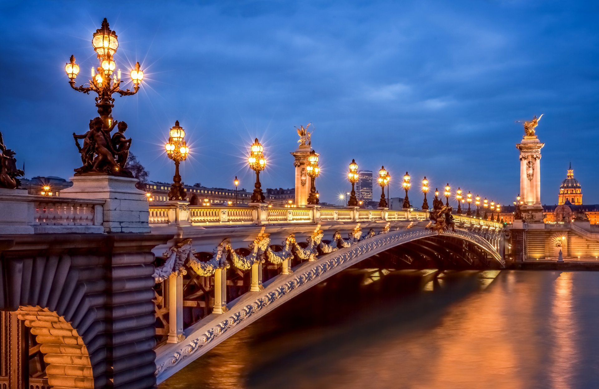 paris france city evening alexander iii bridge lanterns lights lighting river seine