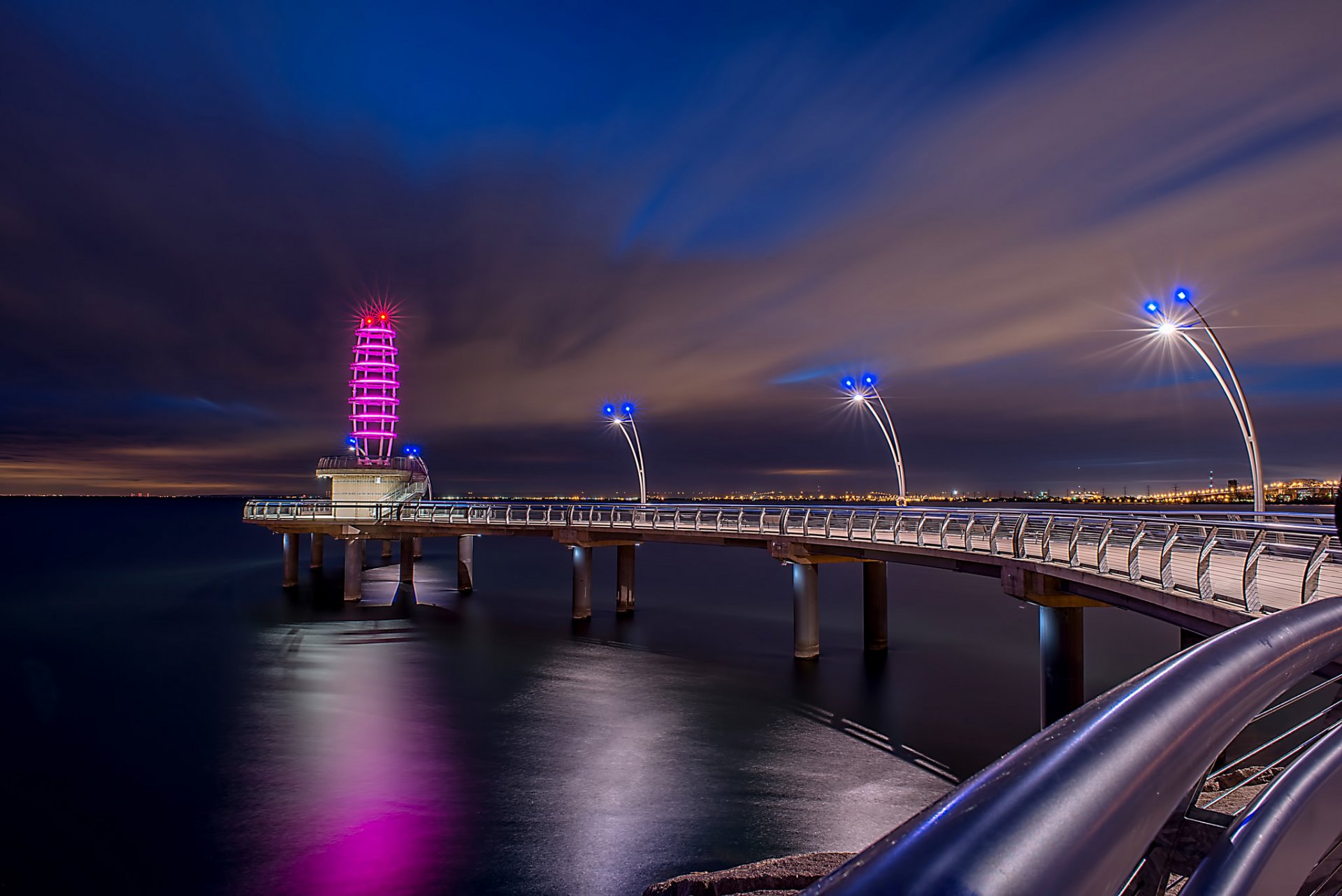 kanada ontario stadt burlington nacht see brücke pier lichter beleuchtung lichter hintergrundbeleuchtung