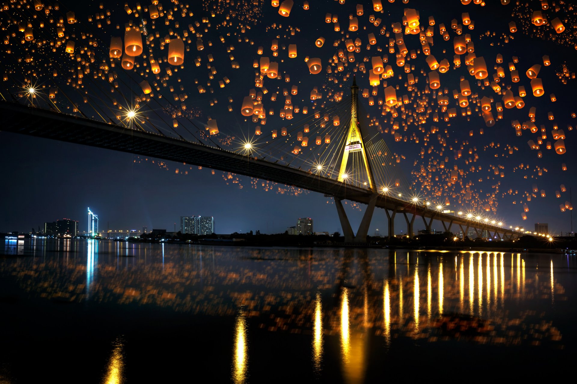 city bridge river night lights reflection town