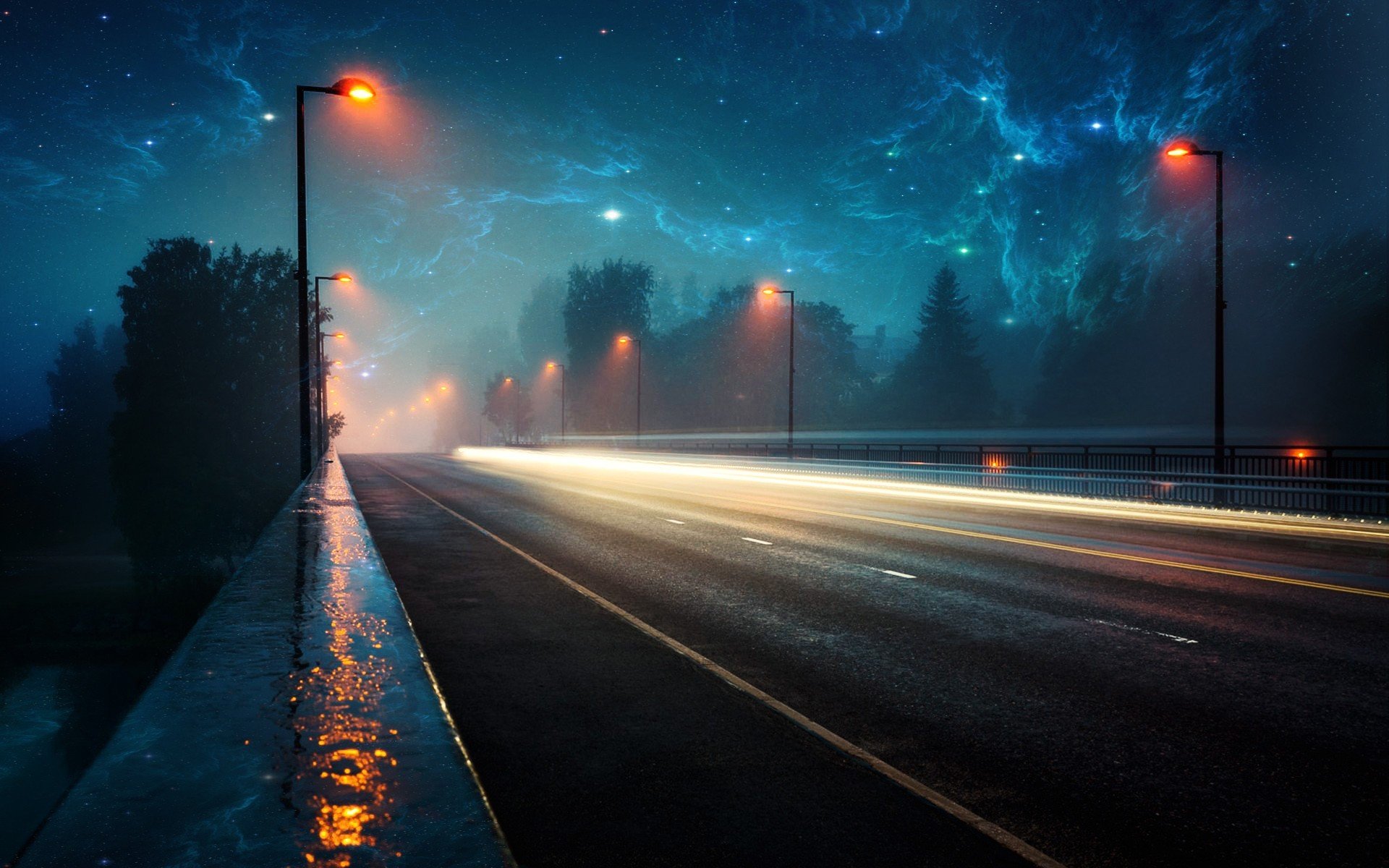 landscape nebula space light road night rain nebulae lighter lights roads evening