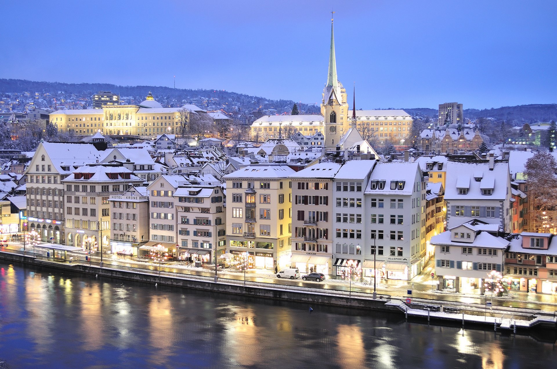 zurich suiza cielo montañas río casas invierno nieve noche luces