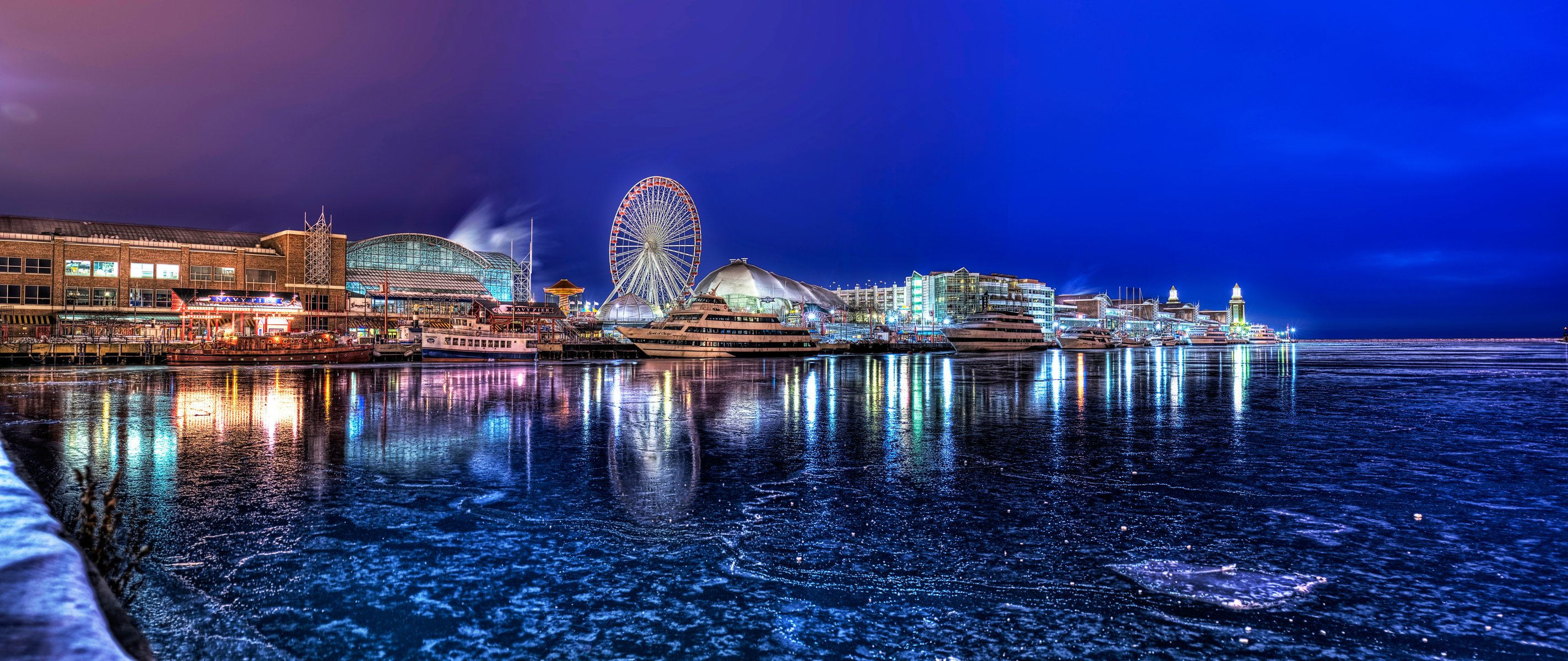 chicago illinois ciudad invierno yates terraplén noche