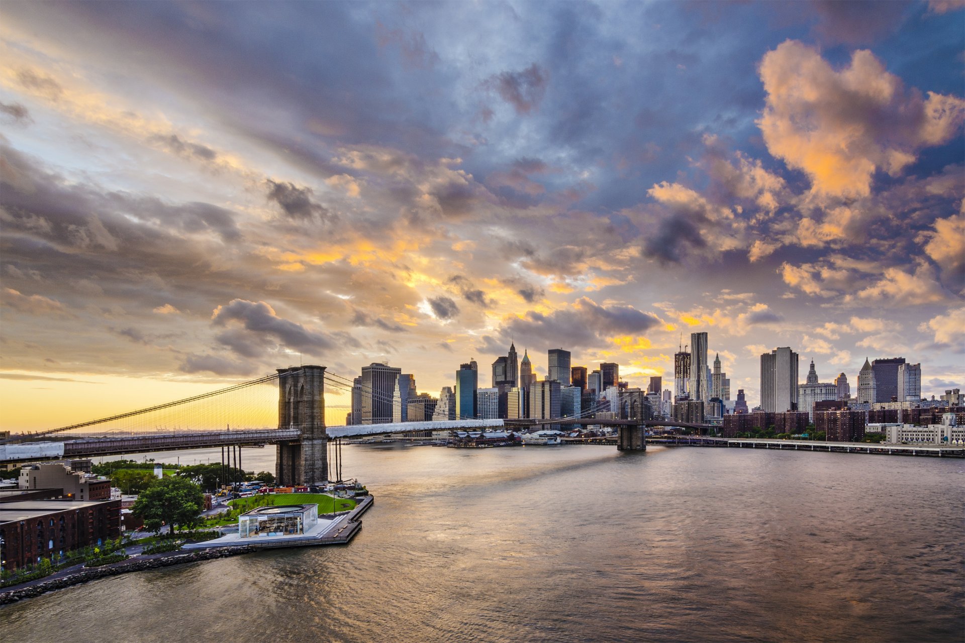 brooklyn bridge east river manhattan new york gebäude promenade wolken brücke