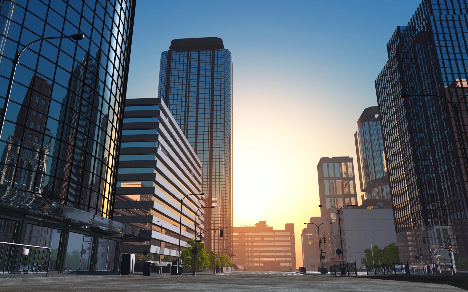 städte usa amerika staaten straße allee platz häuser straße licht dämmerung morgen tag himmel stille anfang interessante hintergrundbilder bäume laternen fenster glas reflexion einkaufszentren geschäfte leben schlaf stimmung