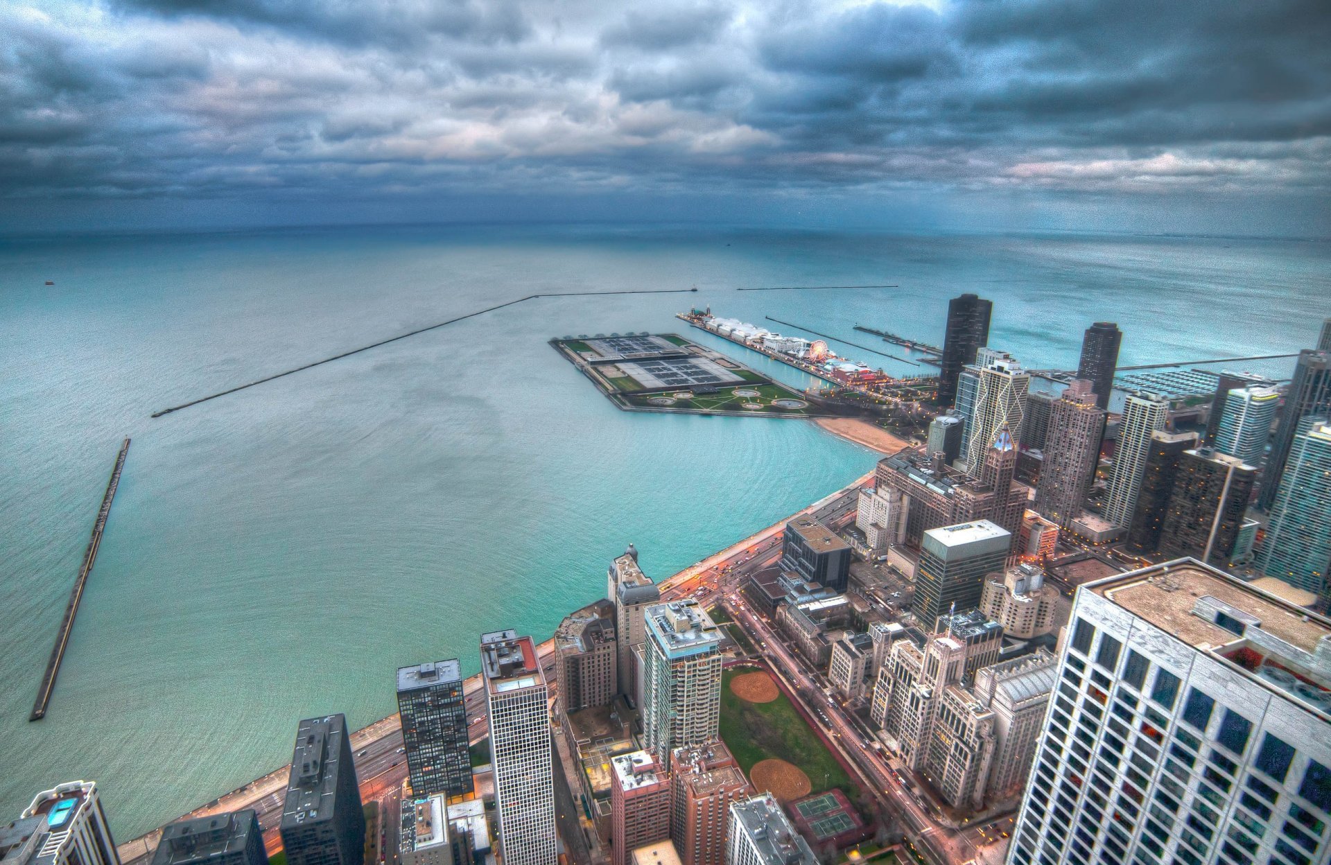 chicago il acqua grattacieli america sera luci stati uniti