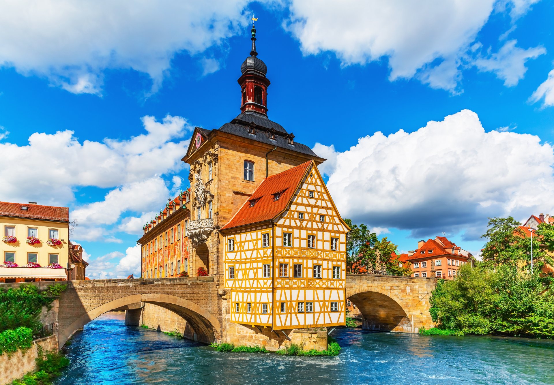 city hall bamberg bavaria germany regnitz river bridge town hall