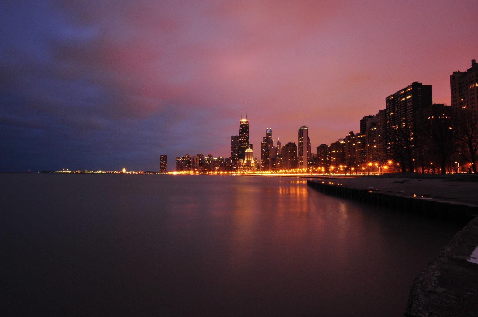 chicago illinois ciudad río rascacielos noche luces