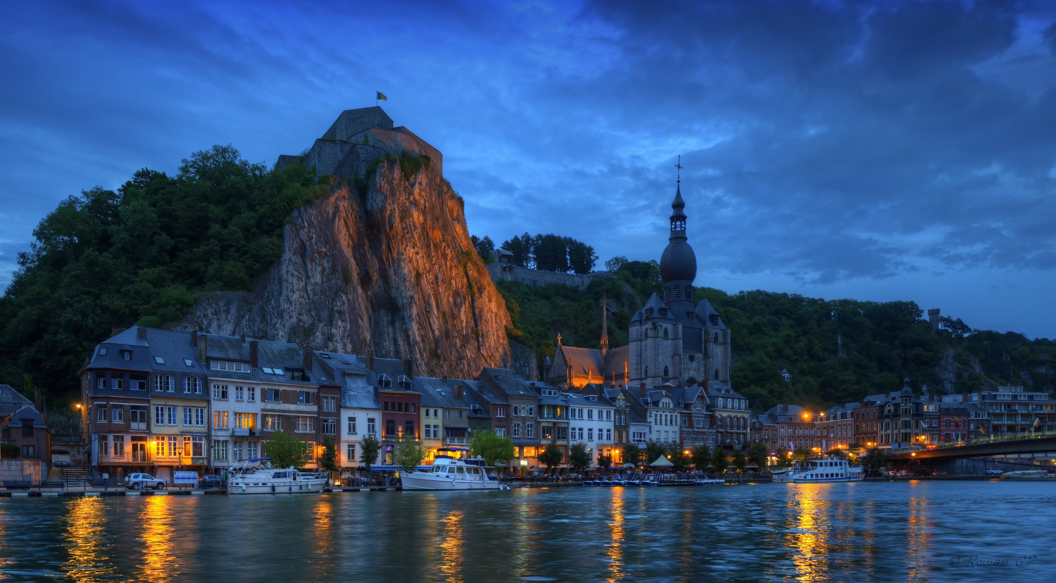 wallonia belgium dinant river rock night house lights yacht boat bridge