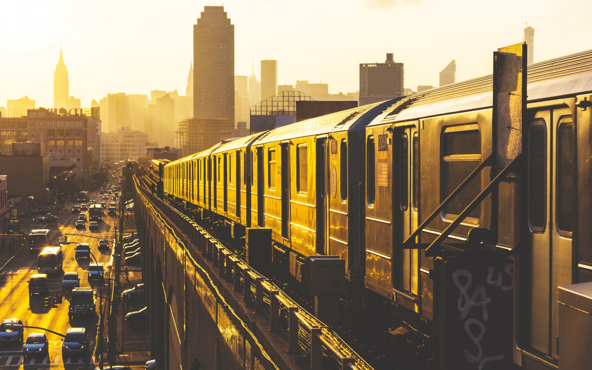 new york usa states cities countries subway train railway morning skyscrapers life early sun cars road roads cars rails wagons beautiful wallpaper