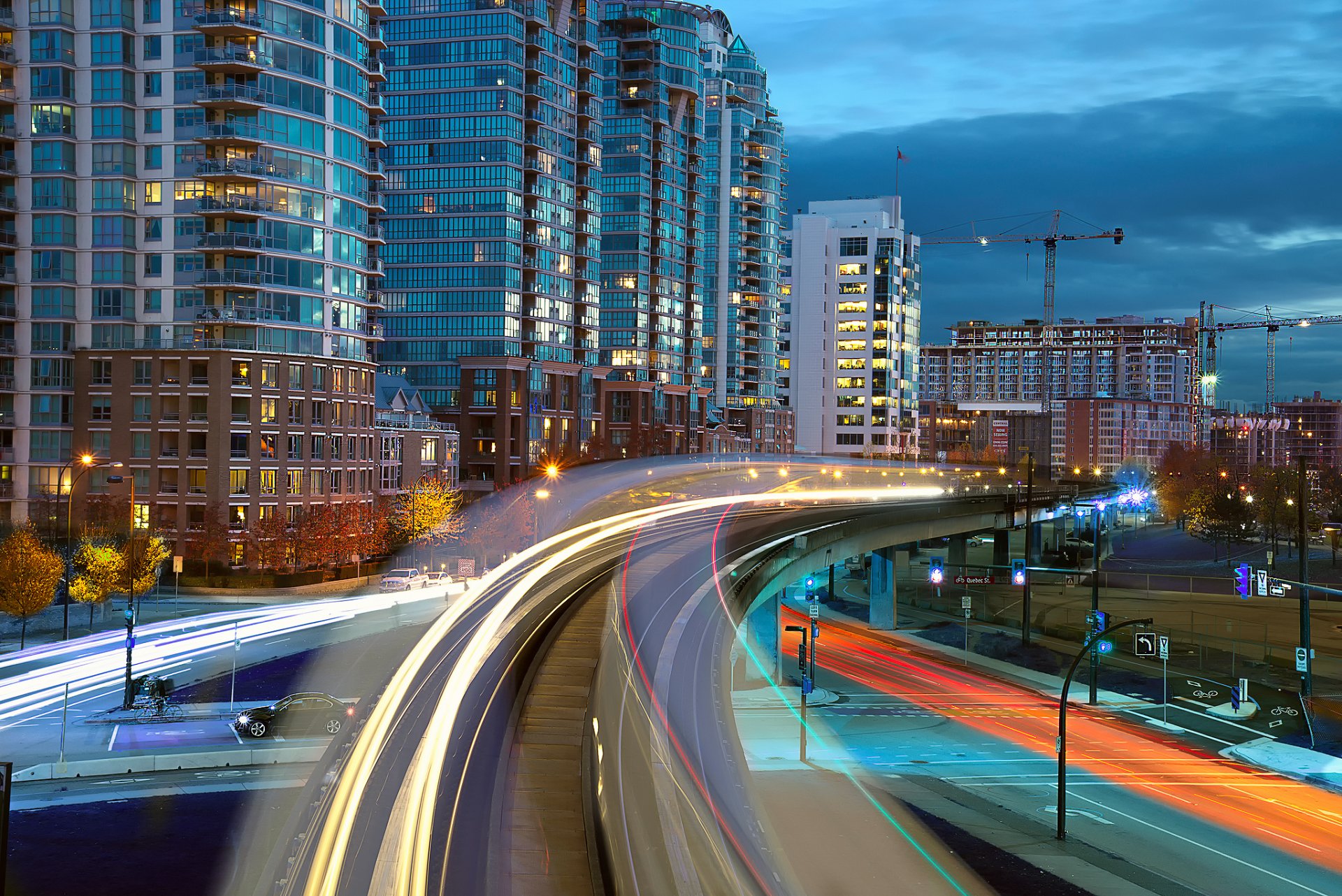 canadá ciudad casas construcción grúa tarde camino luces exposición tren