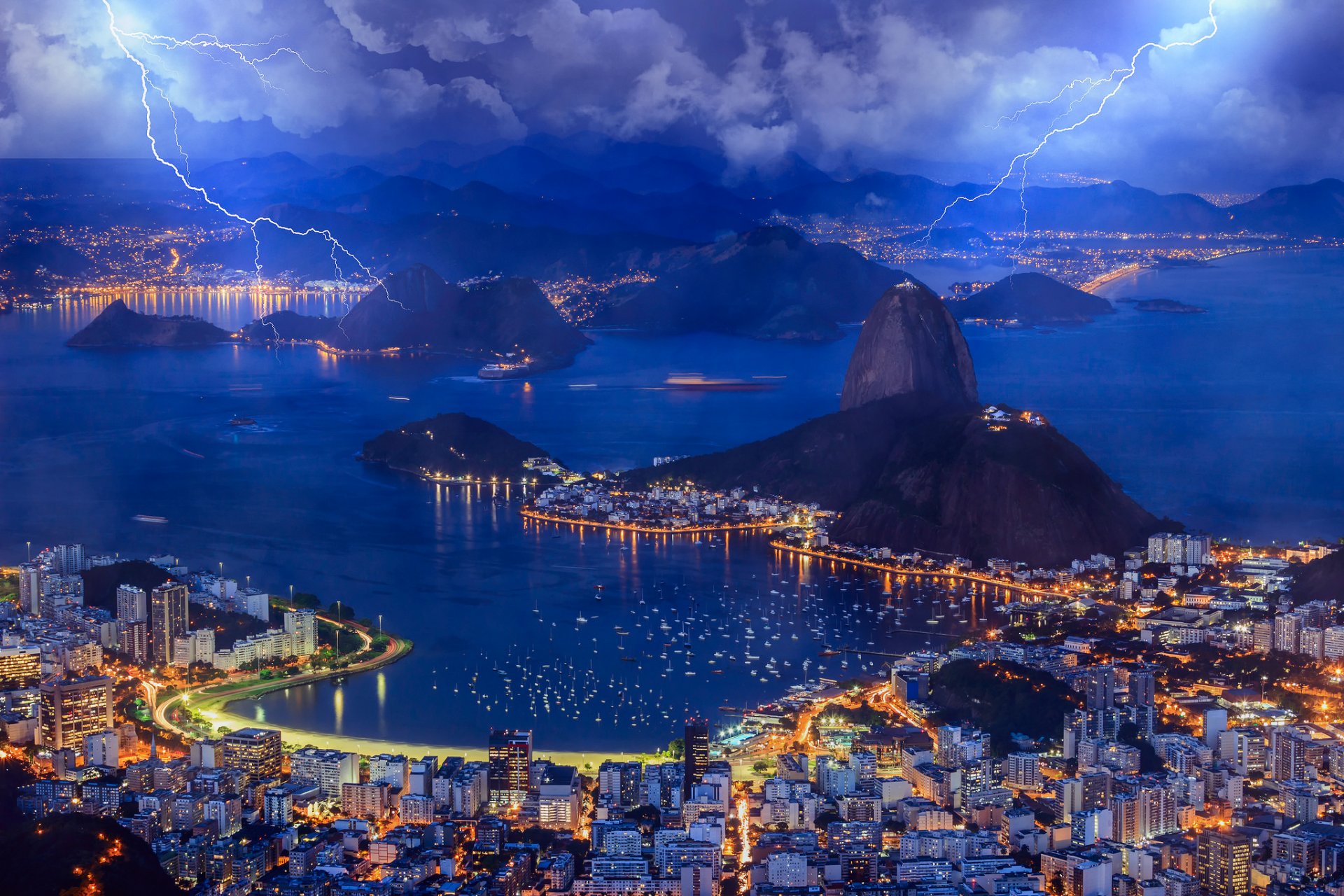 brazil town of rio de janeiro bay gulf night sky clouds lightning light