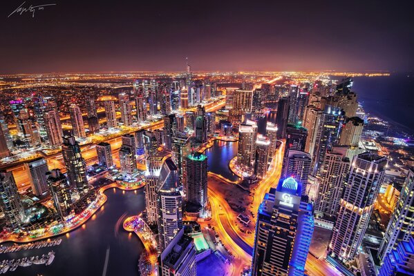 Dubai at night skyscrapers on fire