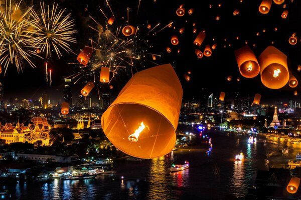 Holiday lanterns and lights at the temple in Bangkok