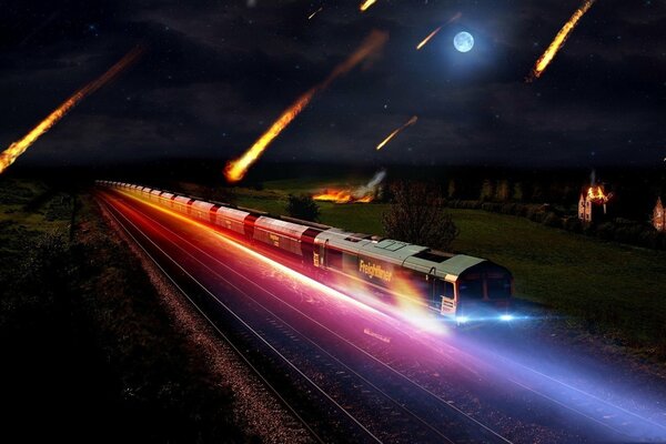 El tren viaja de noche lleno de luces