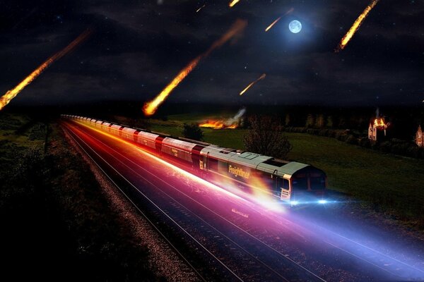 Le train roule toute la nuit dans les lumières